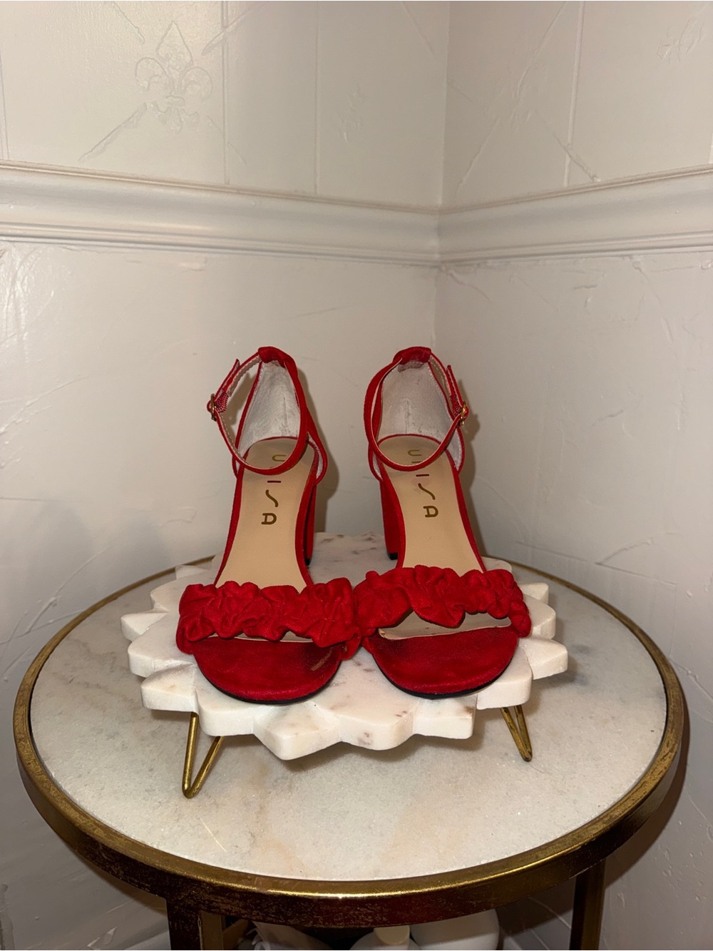 Unisa Red Ruffle Ankle-Strap Heels